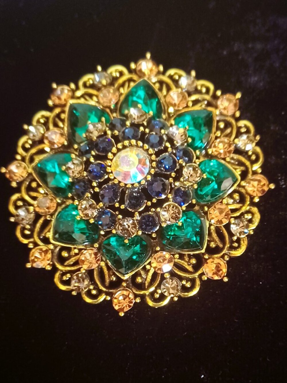Lovely Green and Gold Rhinestone Brooch